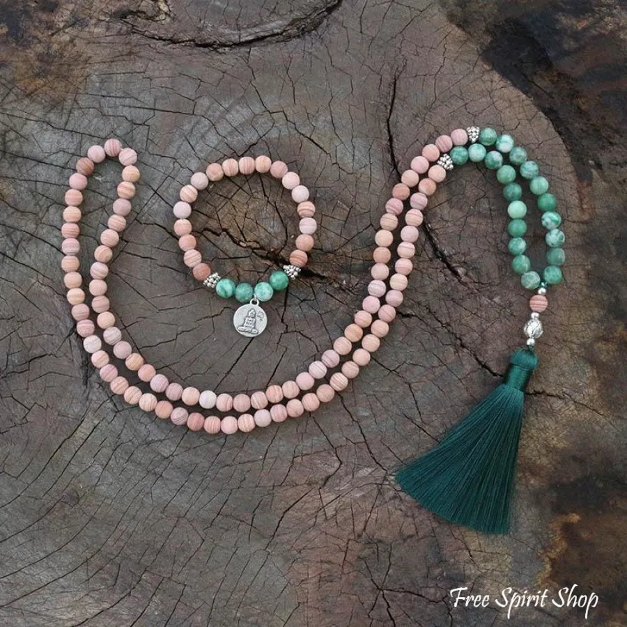 108 Natural Green Jadeite & Sand Stone Mala Bead Necklace / Bracelet