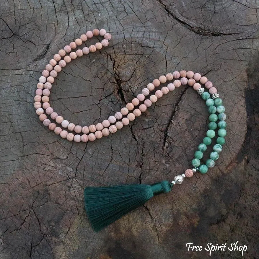 108 Natural Green Jadeite & Sand Stone Mala Bead Necklace / Bracelet