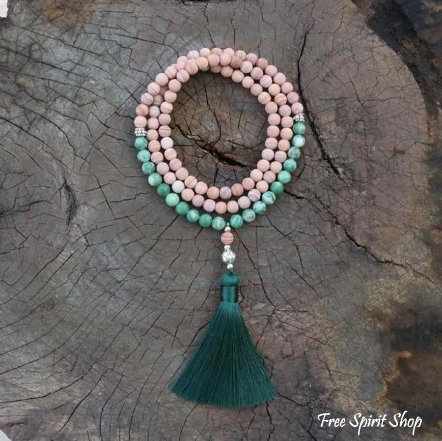 108 Natural Green Jadeite & Sand Stone Mala Bead Necklace / Bracelet