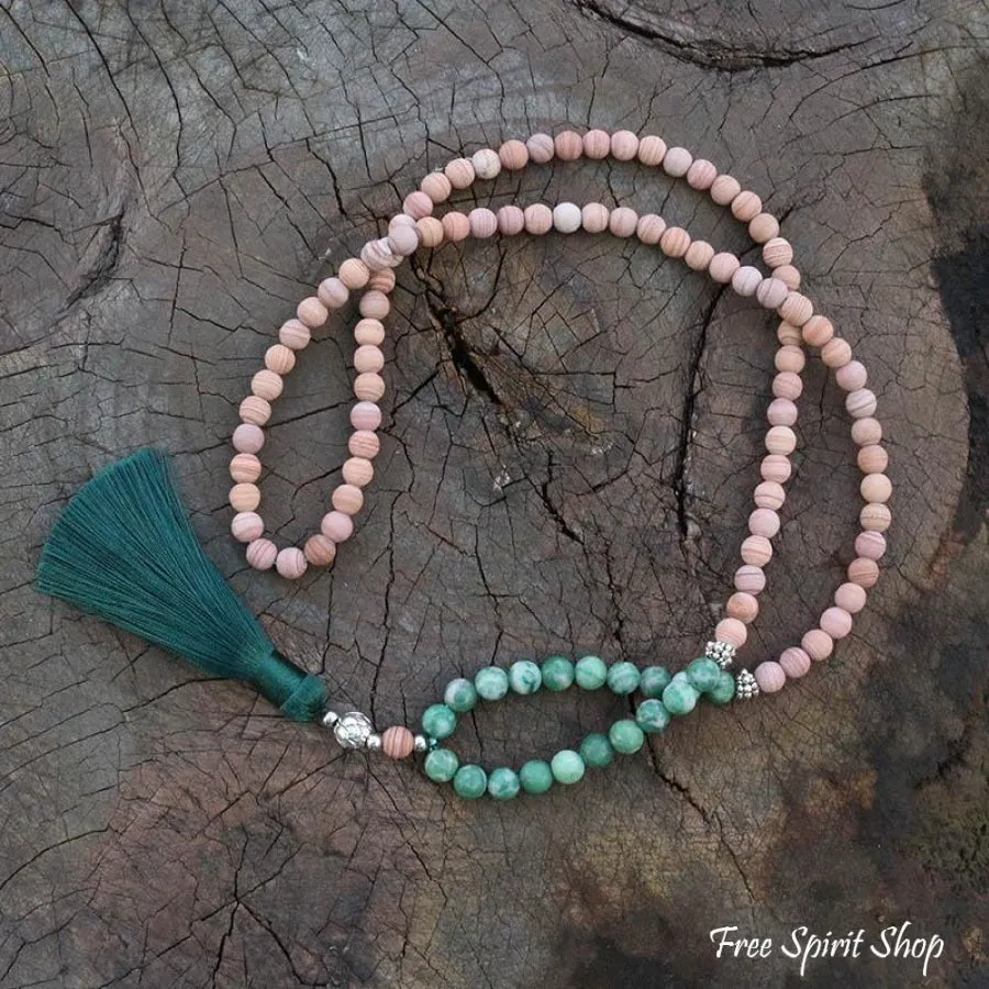 108 Natural Green Jadeite & Sand Stone Mala Bead Necklace / Bracelet