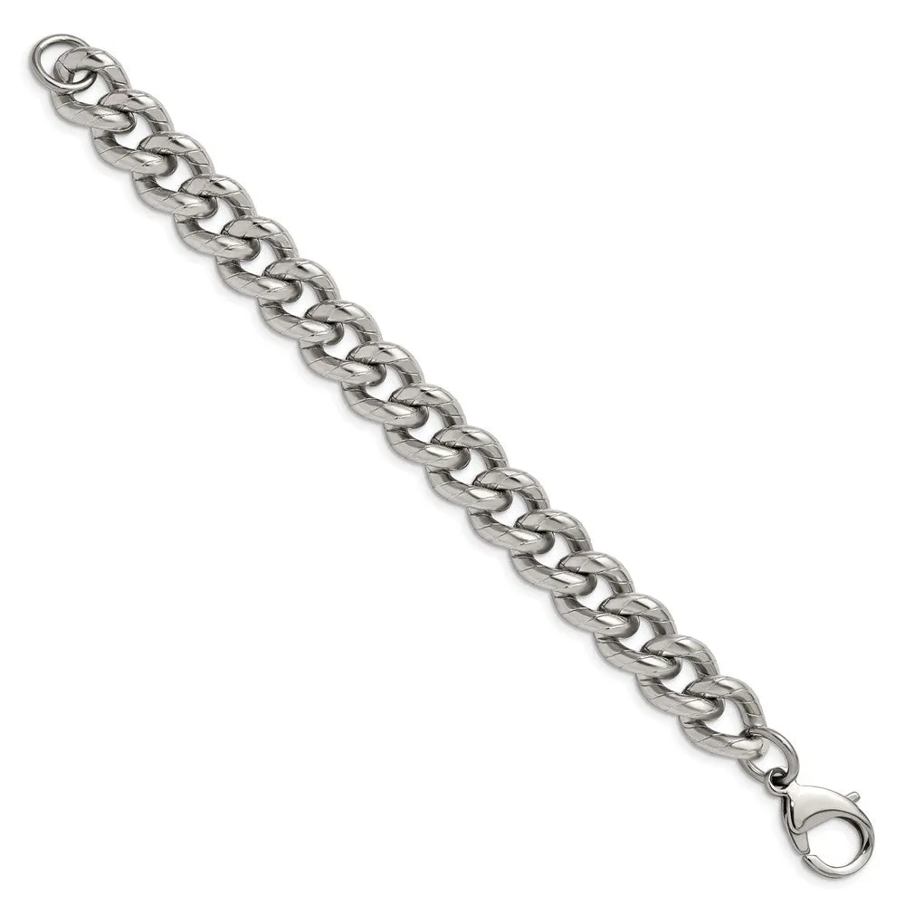 14.5mm Stainless Steel Polished & Textured Curb Chain Bracelet, 8 Inch