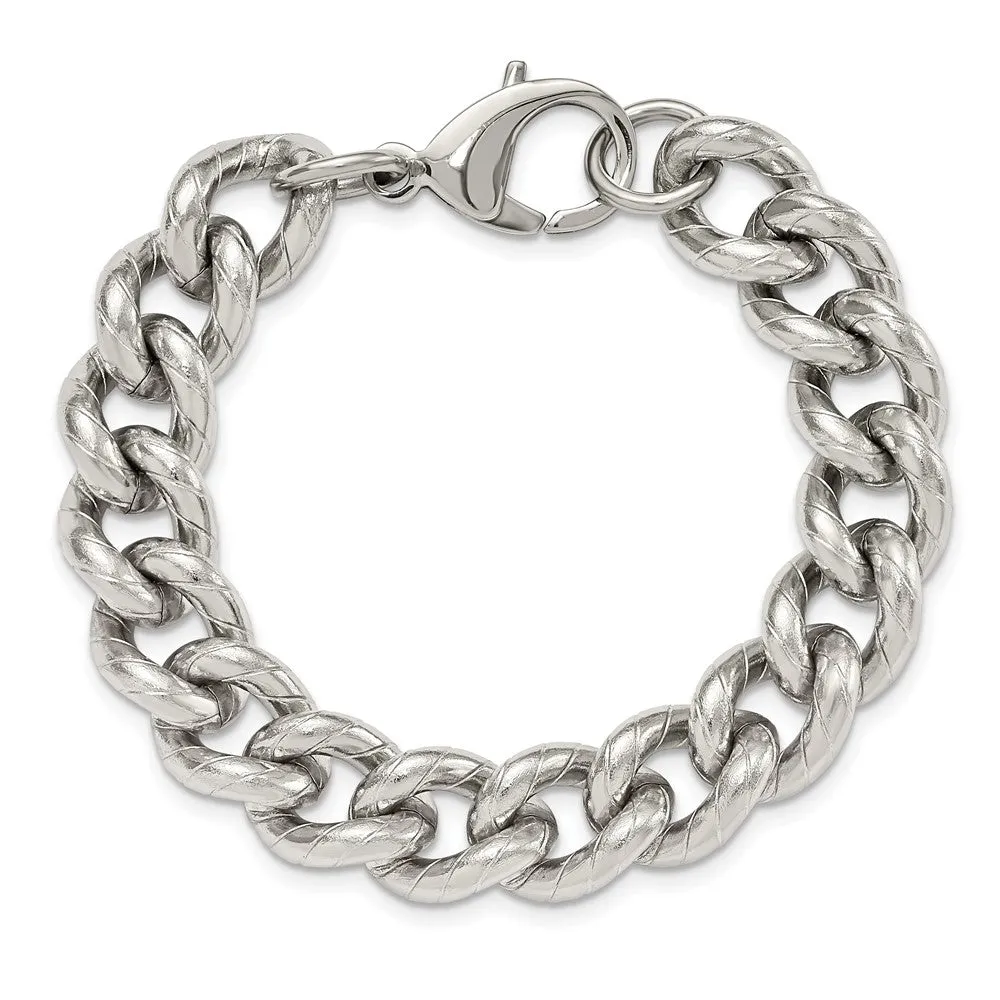 14.5mm Stainless Steel Polished & Textured Curb Chain Bracelet, 8 Inch