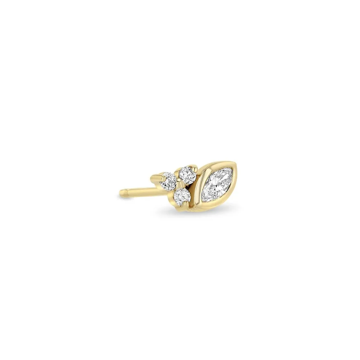 14K Gold Bezel-Set Marquise Diamond Stud Earring with Three Prong-Set Diamonds