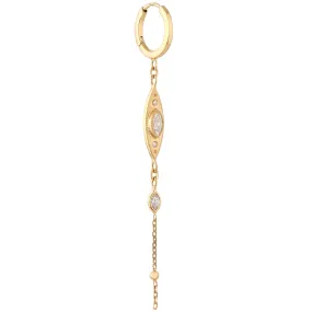 14K Gold Hoop Earring with Diamond Plate & Chain Drop