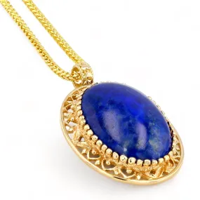 14K Yellow gold solid palm chain lápiz lazuli cabochon oval pendant state piece-3738384