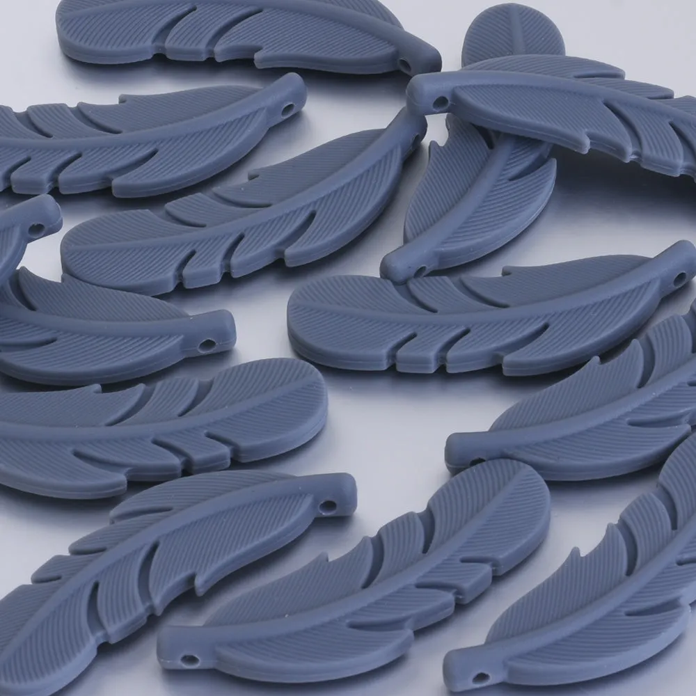 15*56mm Silicone Feather Teether Pendant Beads Bulk Silicone Beads Wholesale food grade silicone beads and pendants gray 5pcs