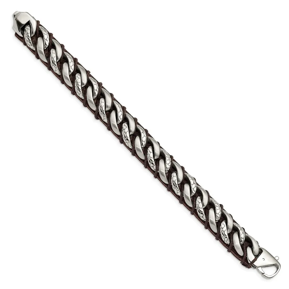 15mm Stainless Steel & Brown Leather Textured Curb Bracelet, 8.5 Inch