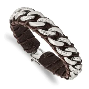 15mm Stainless Steel & Brown Leather Textured Curb Bracelet, 8.5 Inch