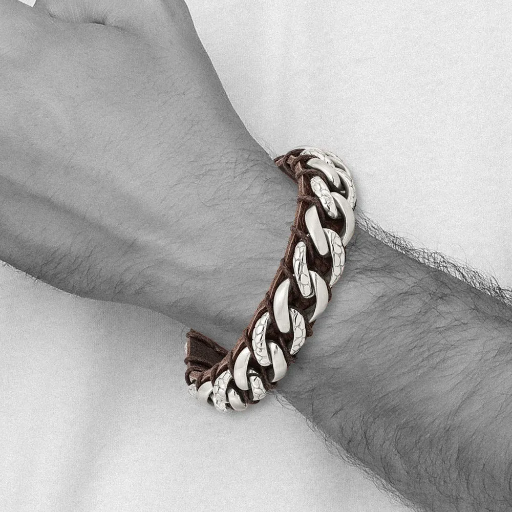 15mm Stainless Steel & Brown Leather Textured Curb Bracelet, 8.5 Inch