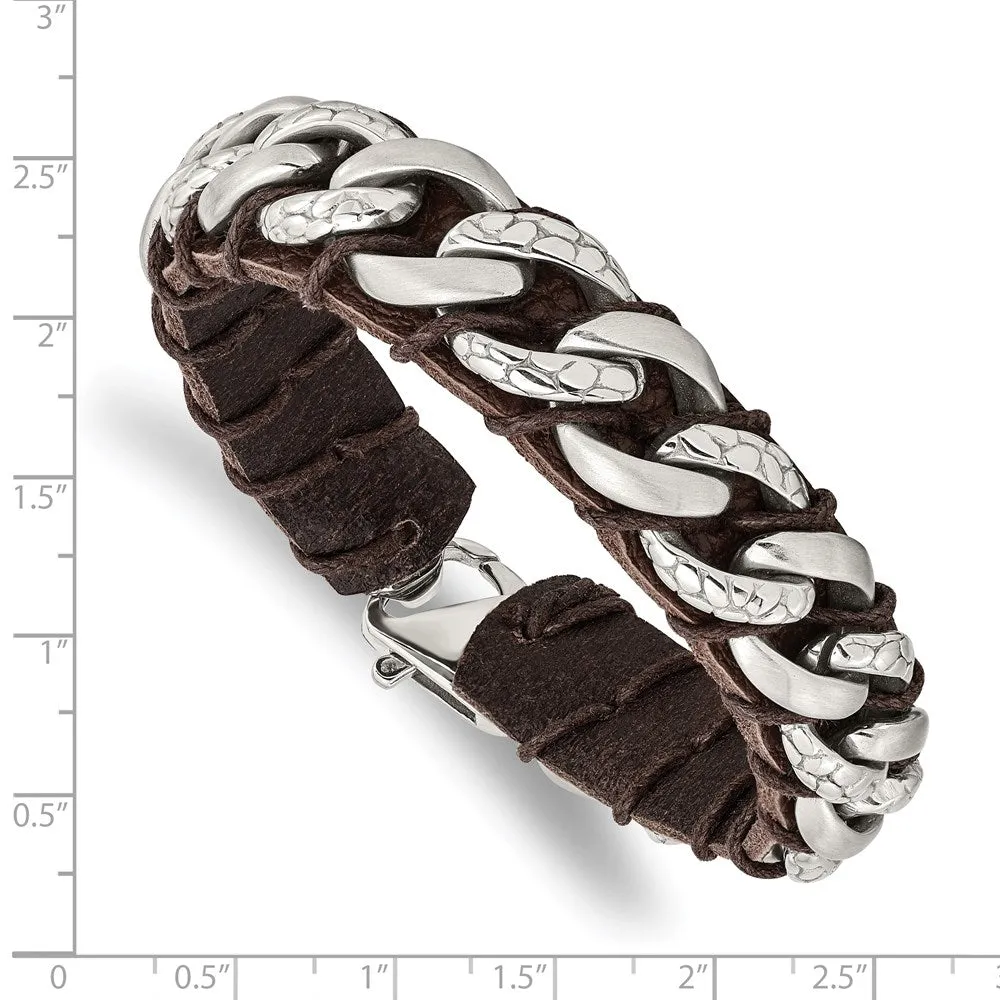 15mm Stainless Steel & Brown Leather Textured Curb Bracelet, 8.5 Inch