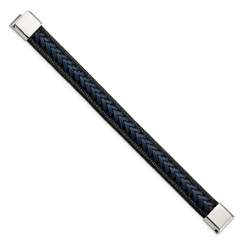 15mm Stainless Steel Black/Blue Braided Leather Bracelet, 8.25 Inch