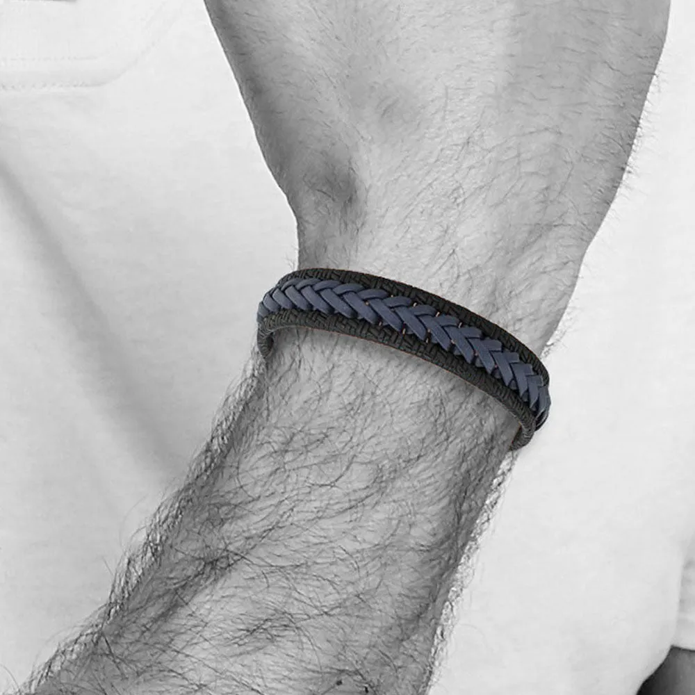 15mm Stainless Steel Black/Blue Braided Leather Bracelet, 8.25 Inch