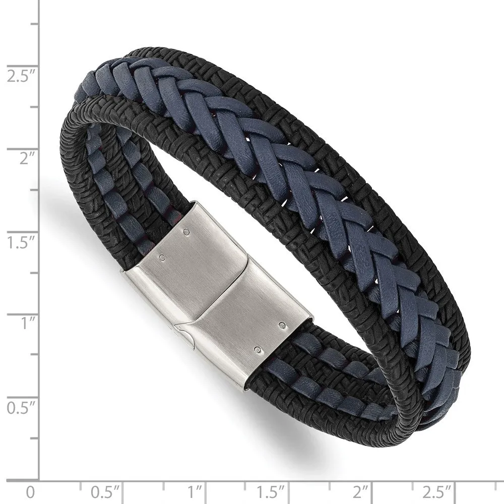 15mm Stainless Steel Black/Blue Braided Leather Bracelet, 8.25 Inch