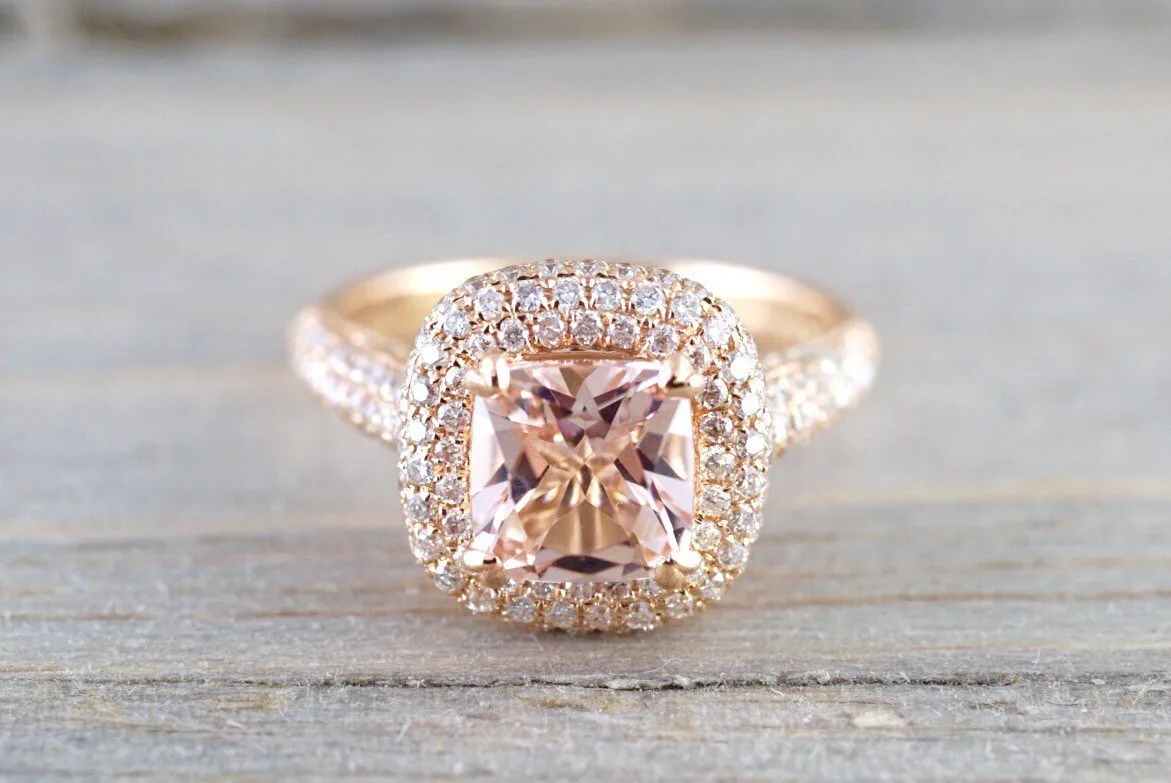 18k Rose Gold Pave Halo Cushion Morganite Peach Champagne Beige Diamond Halo Engagement Ring Vintage