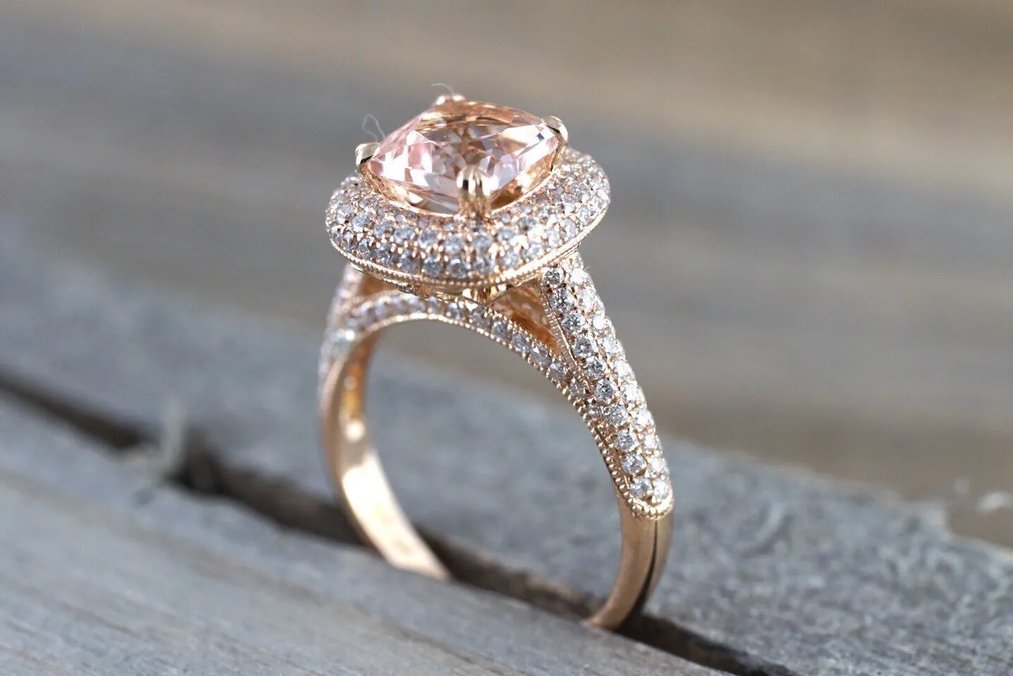 18k Rose Gold Pave Halo Cushion Morganite Peach Champagne Beige Diamond Halo Engagement Ring Vintage