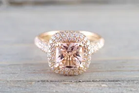 18k Rose Gold Pave Halo Cushion Morganite Peach Champagne Beige Diamond Halo Engagement Ring Vintage