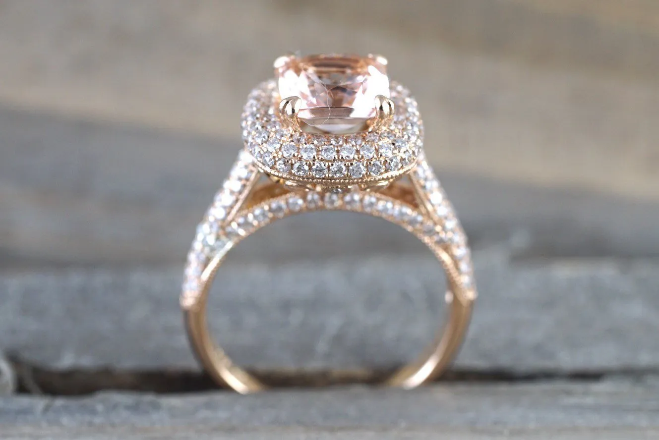 18k Rose Gold Pave Halo Cushion Morganite Peach Champagne Beige Diamond Halo Engagement Ring Vintage