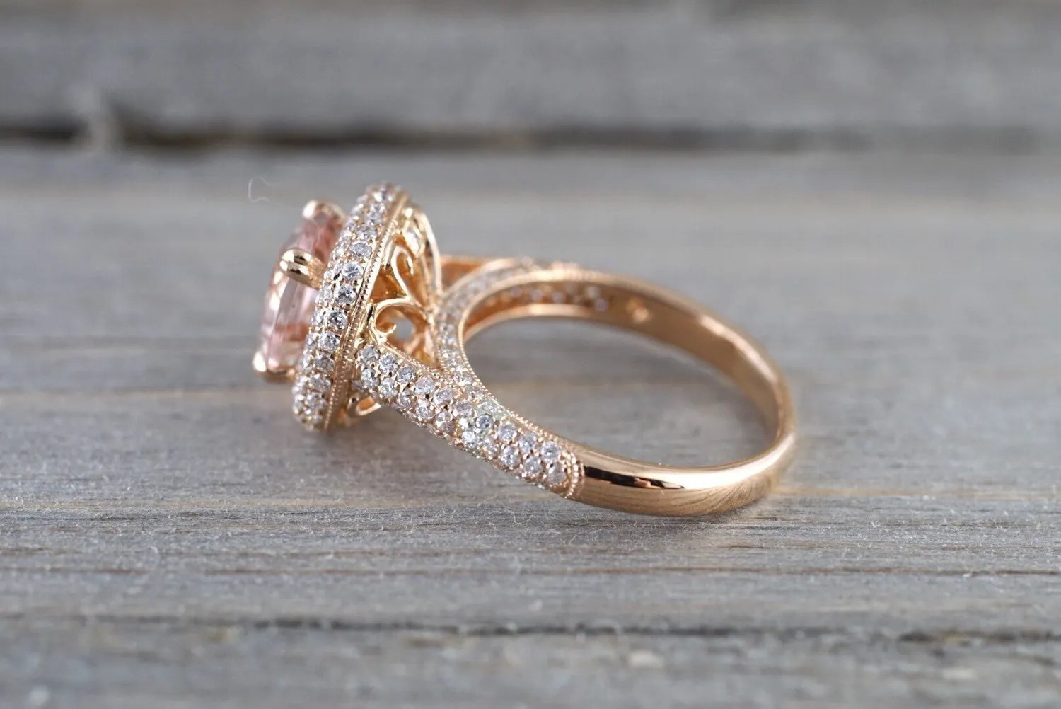 18k Rose Gold Pave Halo Cushion Morganite Peach Champagne Beige Diamond Halo Engagement Ring Vintage