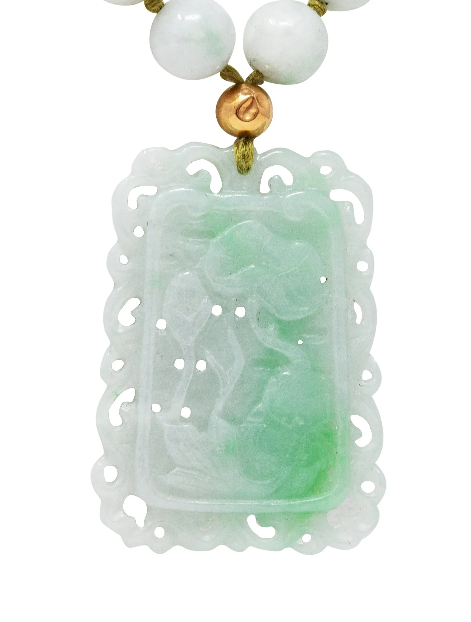 1960's Natural Jadeite Jade 14 Karat Yellow Gold Beaded Strand Carved Vintage Pendant Necklace GIA