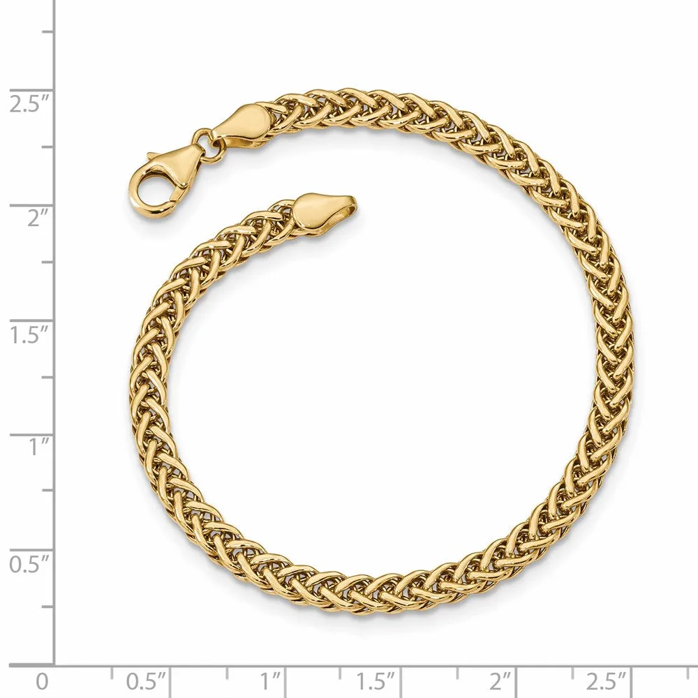 4.25mm 14K Yellow Gold Hollow Fancy Wheat Chain Bracelet, 7.5 Inch