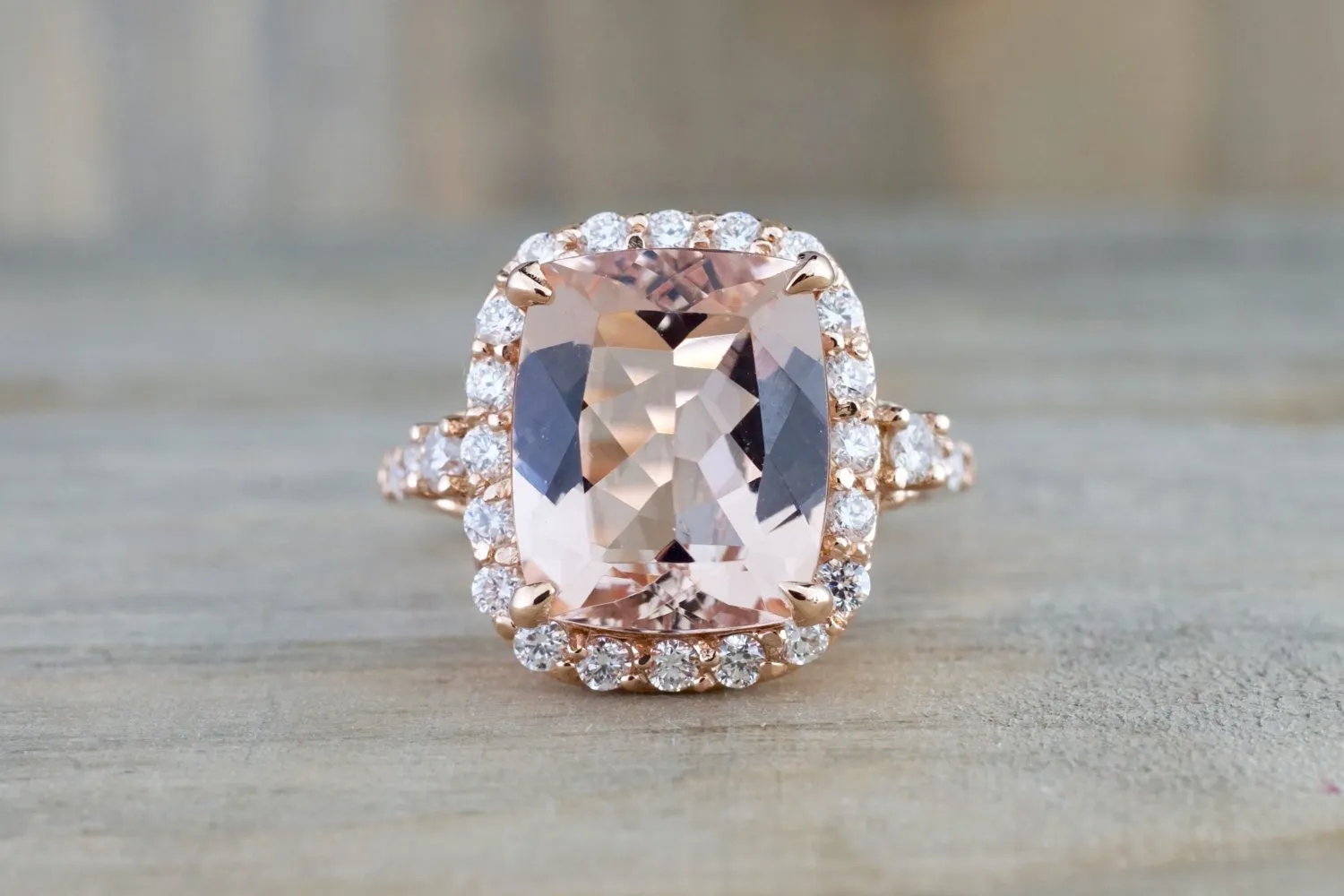 5.10 carats 14k Rose Gold Halo Cushion Morganite Peach Champagne Beige Diamond Halo Engagement Ring Vintage