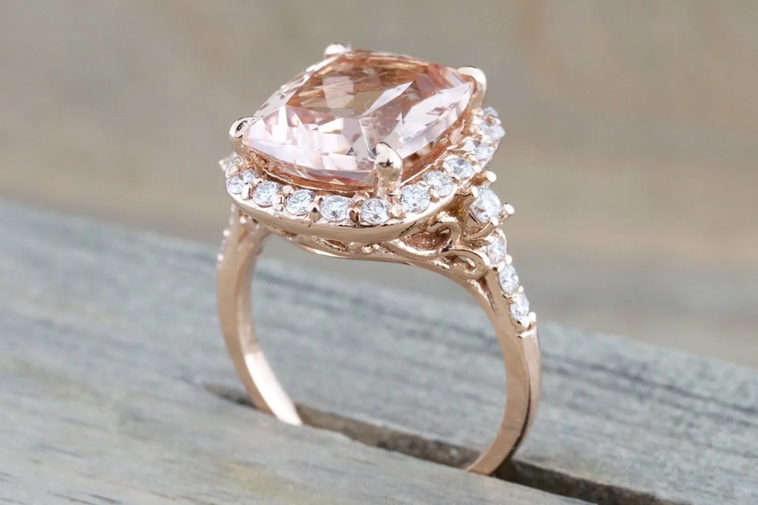 5.10 carats 14k Rose Gold Halo Cushion Morganite Peach Champagne Beige Diamond Halo Engagement Ring Vintage