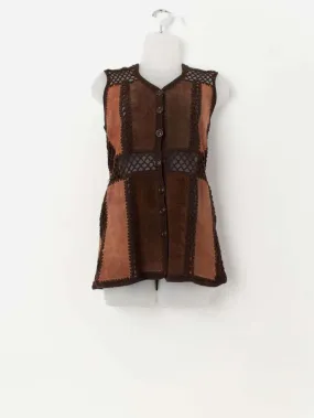 70s vintage faux suede crochet patchwork vest in brown – Small / Medium