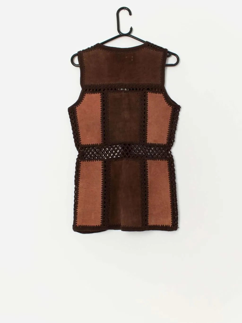 70s vintage faux suede crochet patchwork vest in brown – Small / Medium