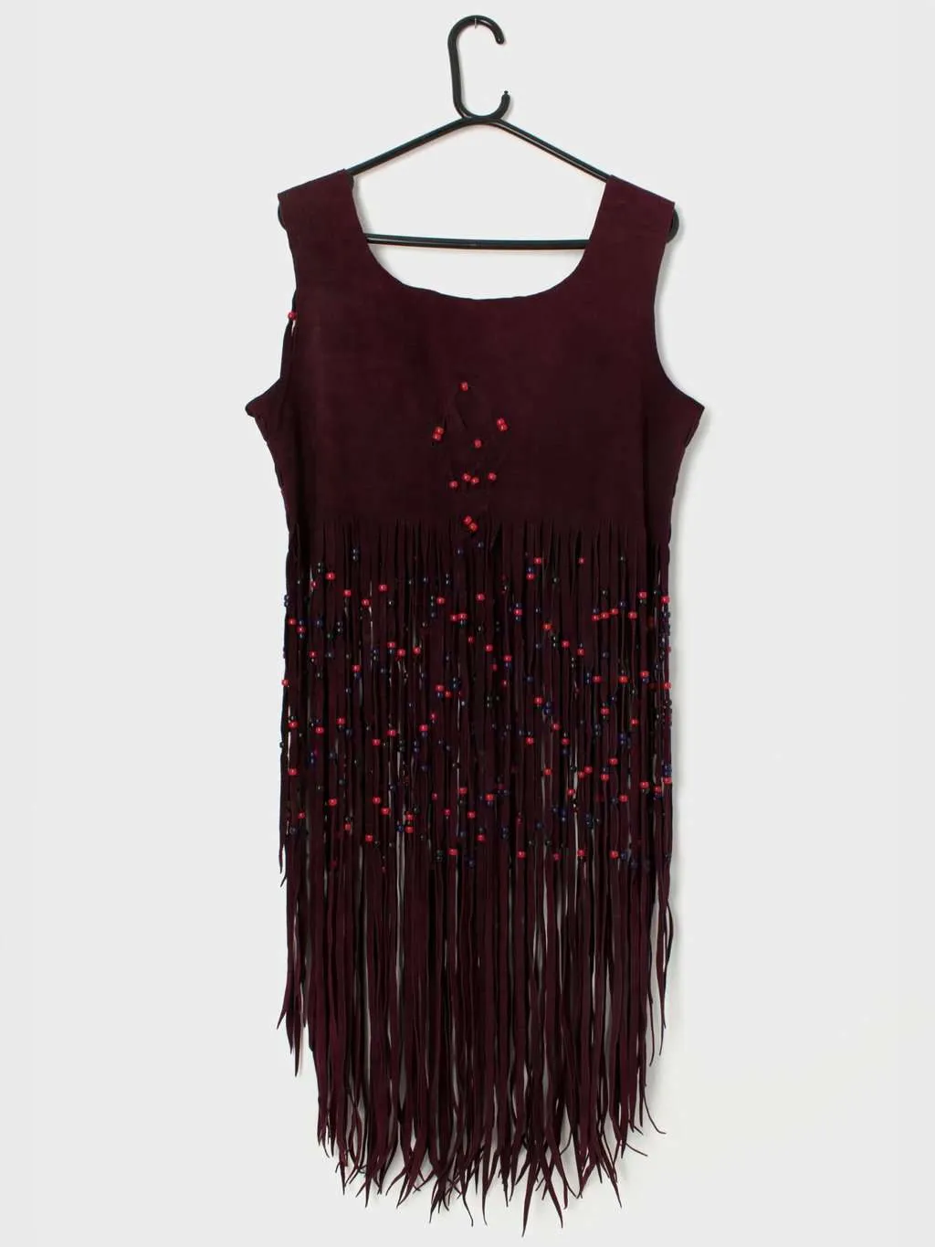 70s vintage purple suede fringed vest with beads – Medium / Large