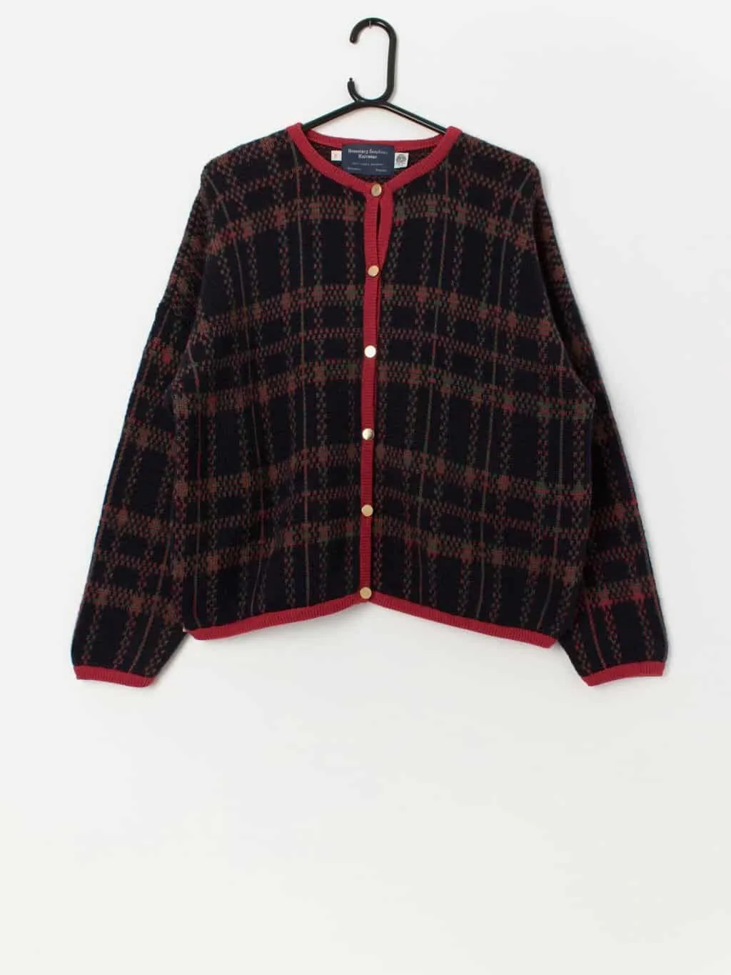 80s vintage wool plaid knitted cardigan in navy and red – Large / XL