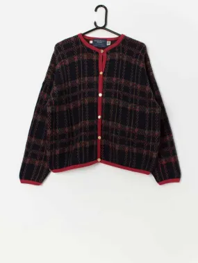 80s vintage wool plaid knitted cardigan in navy and red – Large / XL