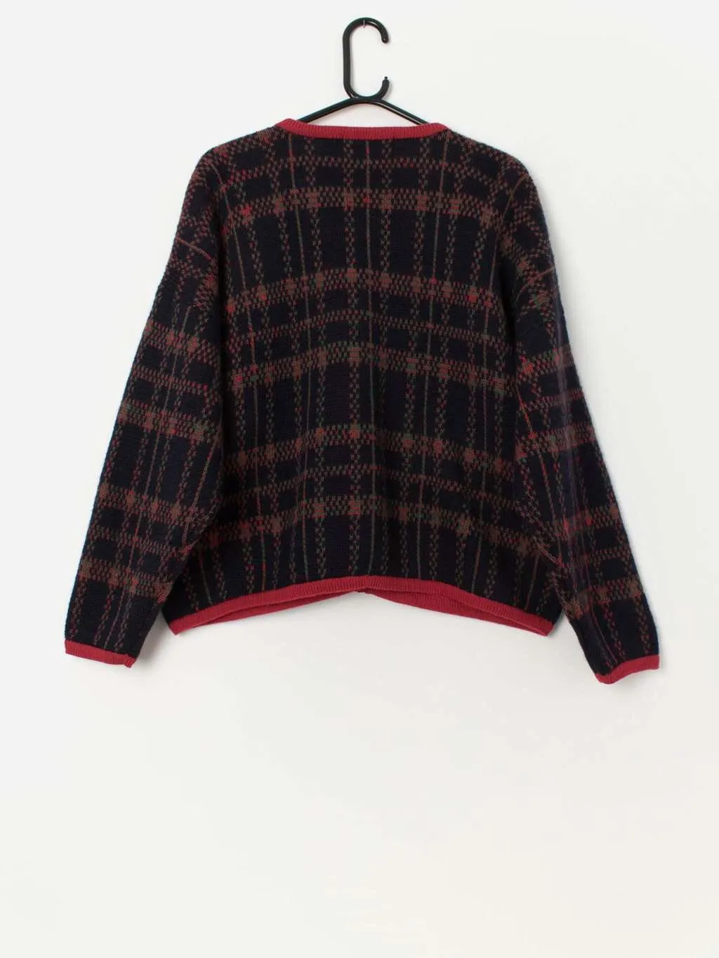 80s vintage wool plaid knitted cardigan in navy and red – Large / XL