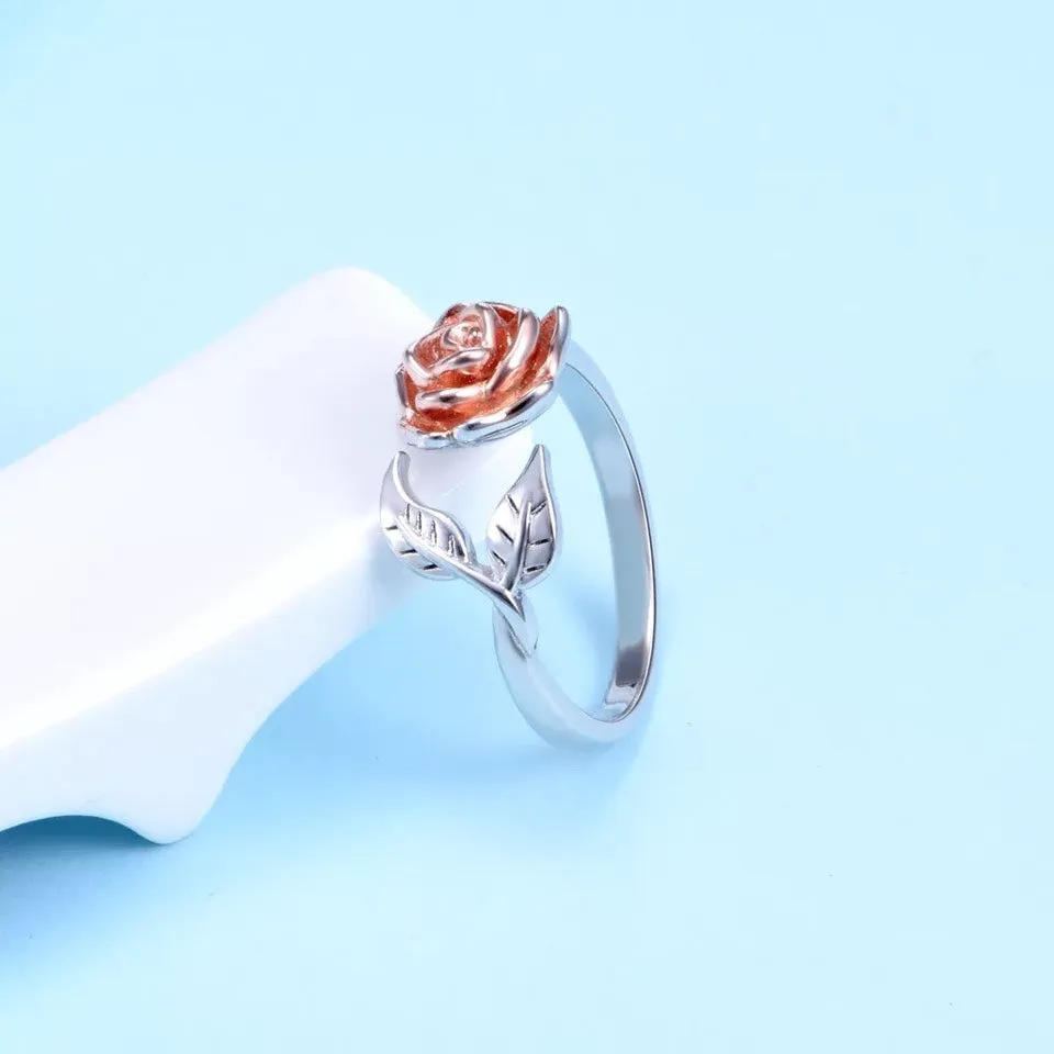 Adjustable Rose Flower Ring in Rose and White Gold