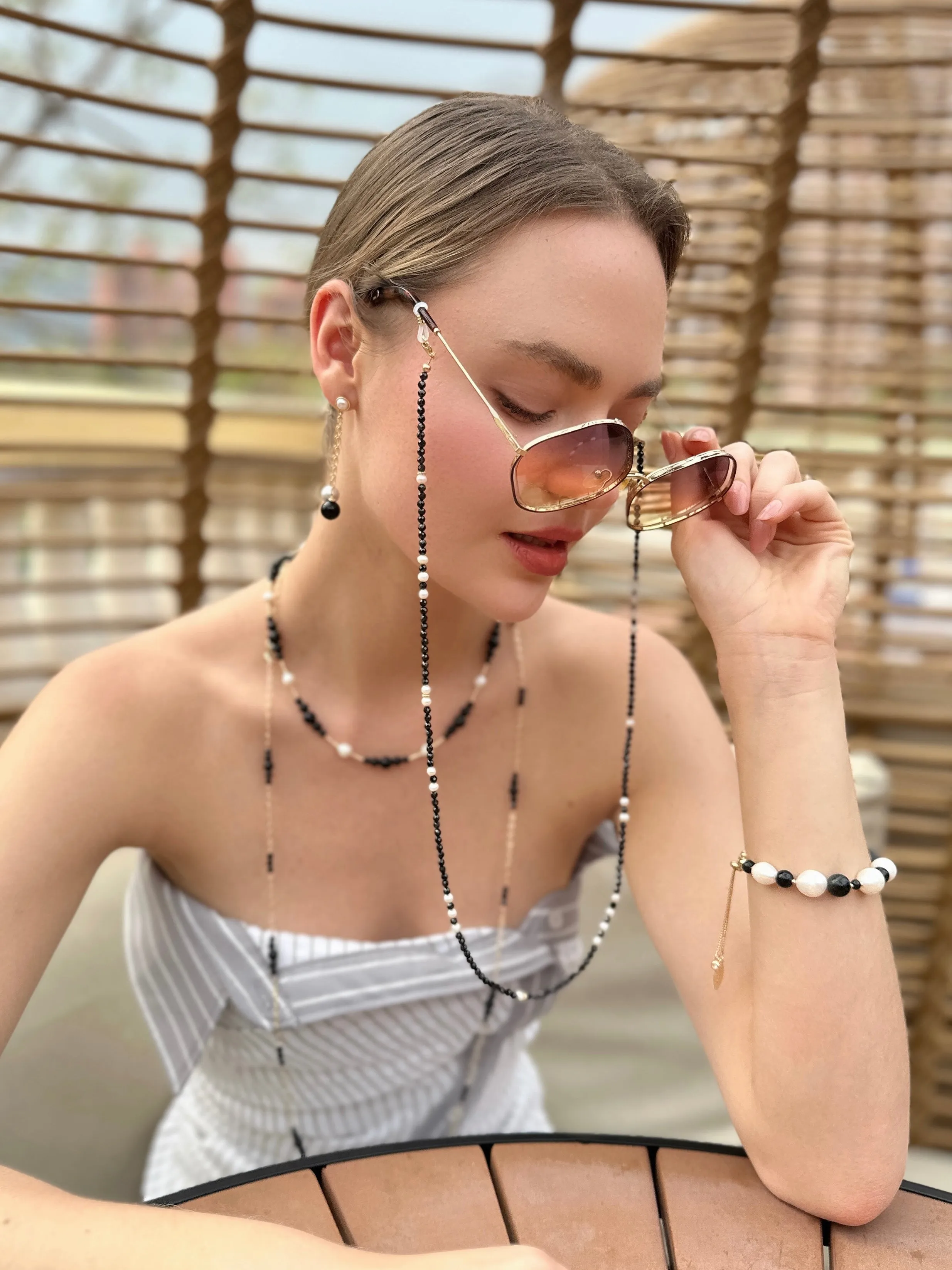 Black Spinel and Freshwater Pearls Eye Glasses Chain EC006