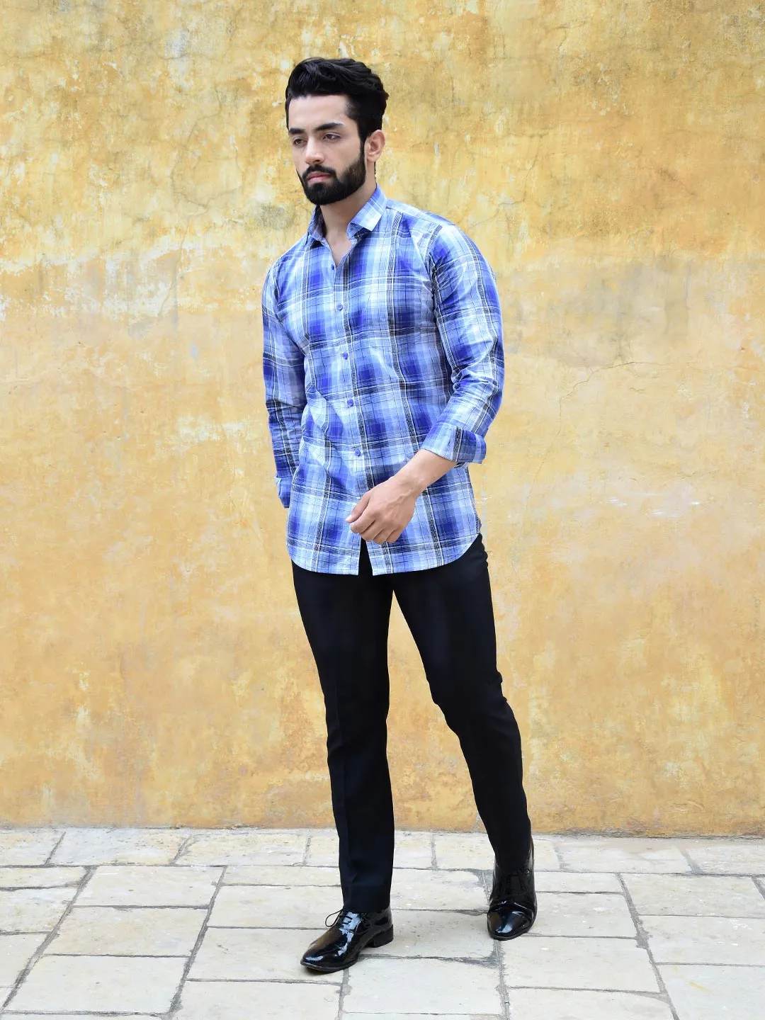 Blue and White Plaid Mens Shirt