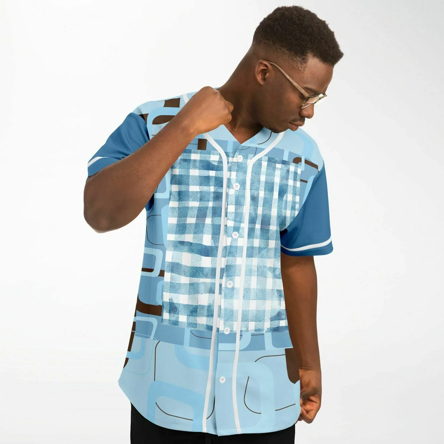 Blue Geo Patchwork Plaid Baseball Jersey