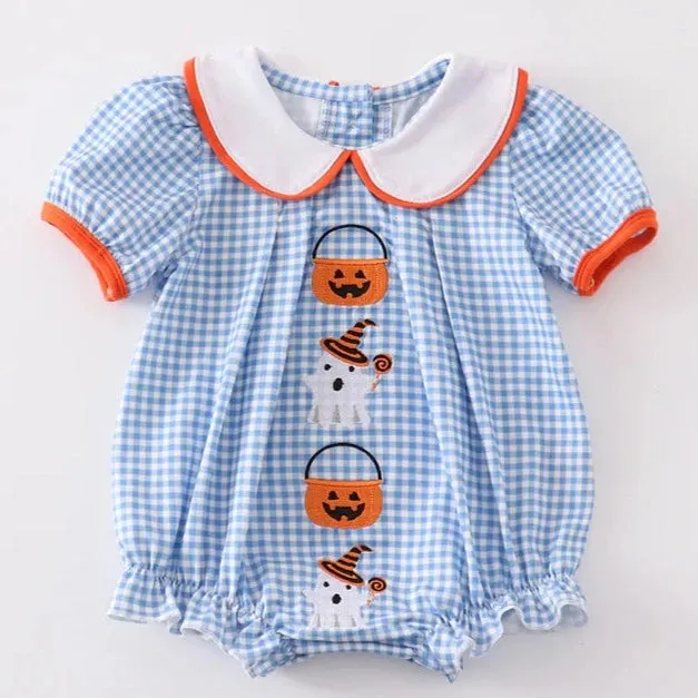 Blue Peter Pan Collar Pumpkin Embroidery Bubble Romper (3-18m) - Blue Plaid