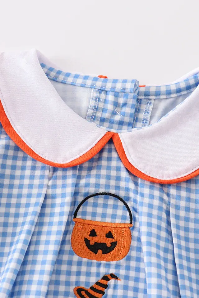 Blue Peter Pan Collar Pumpkin Embroidery Bubble Romper (3-18m) - Blue Plaid