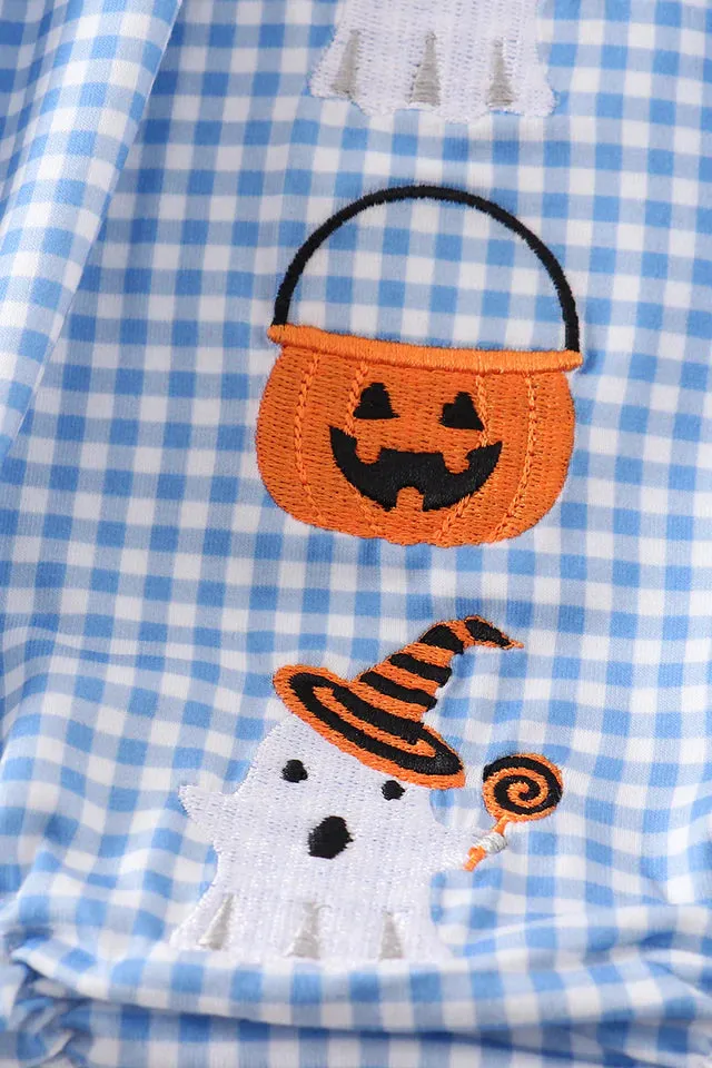 Blue Peter Pan Collar Pumpkin Embroidery Bubble Romper (3-18m) - Blue Plaid