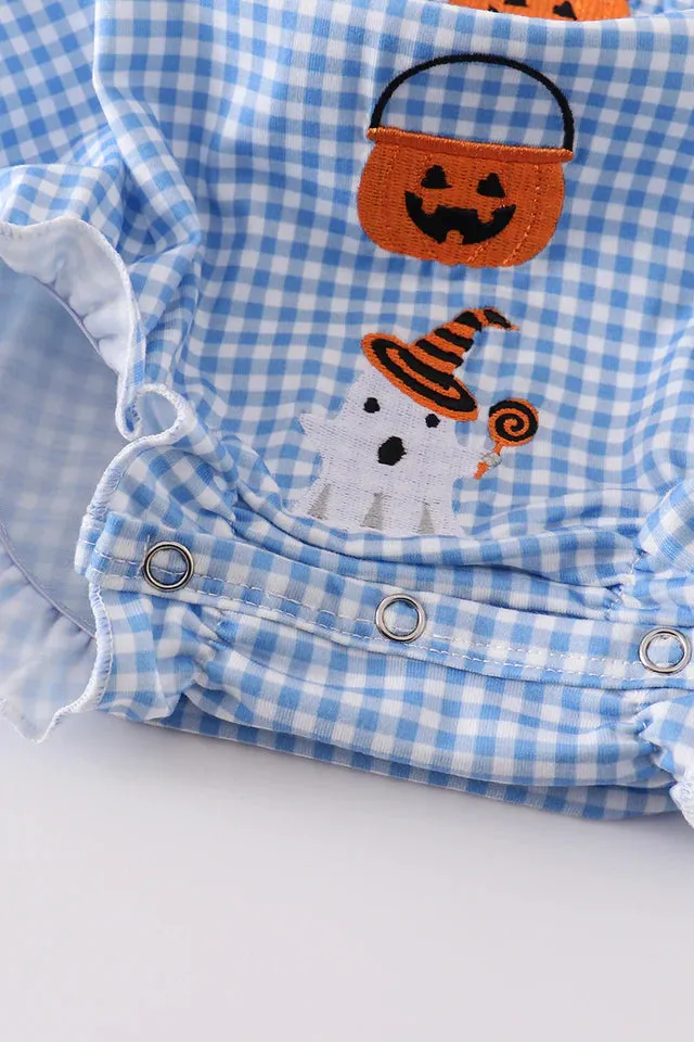 Blue Peter Pan Collar Pumpkin Embroidery Bubble Romper (3-18m) - Blue Plaid