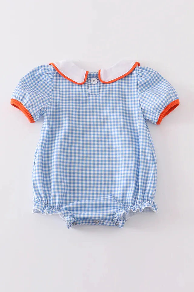 Blue Peter Pan Collar Pumpkin Embroidery Bubble Romper (3-18m) - Blue Plaid