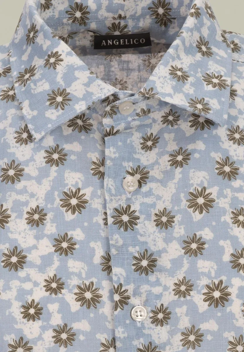 Camicia celeste fiori beige lino-cotone custom