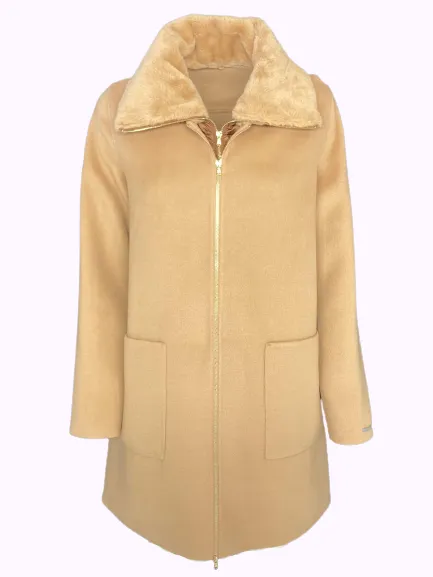 CAPPOTTO DONNA BEIGE CON COLLO IN ECO-PELLICCIA