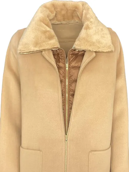 CAPPOTTO DONNA BEIGE CON COLLO IN ECO-PELLICCIA