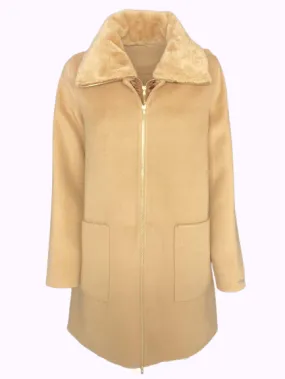 CAPPOTTO DONNA BEIGE CON COLLO IN ECO-PELLICCIA