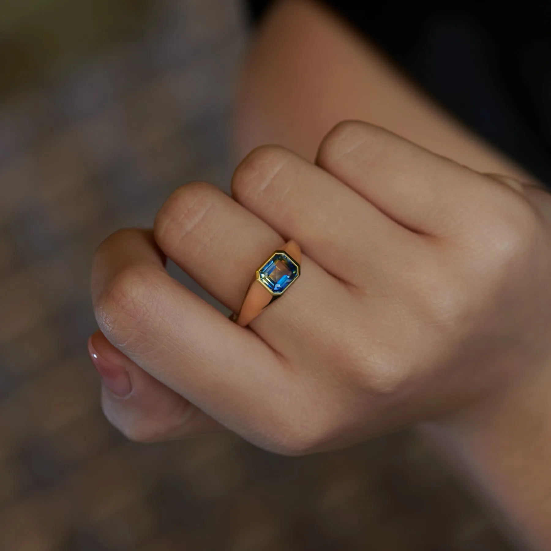 Chunky Asymmetric Statement Ring with OOAK Emerald Cut Parti Sapphire