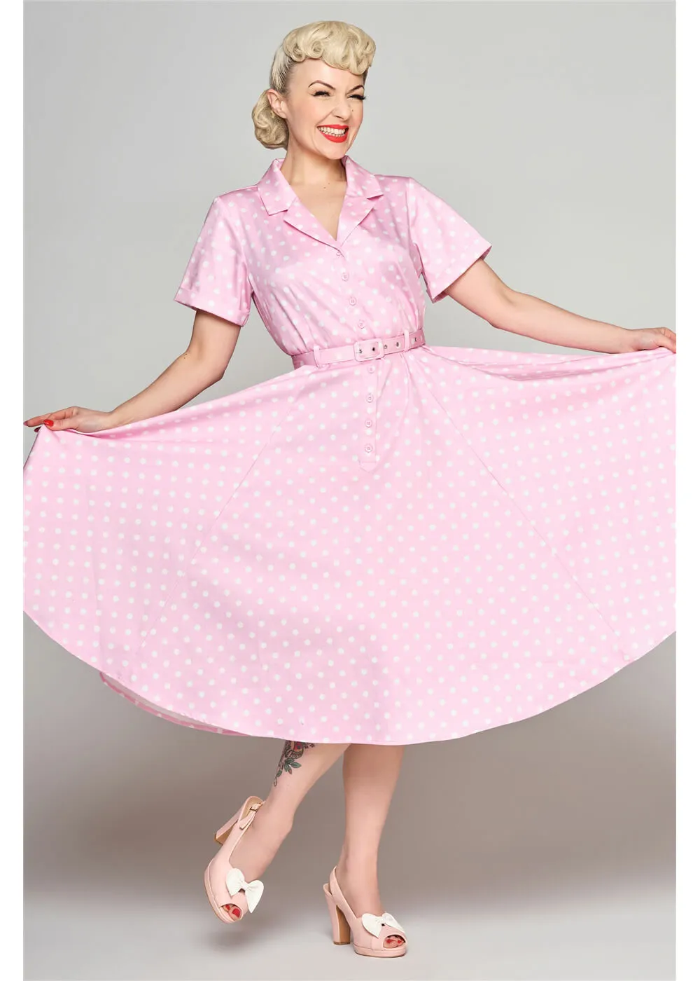 Collectif Caterina Pink Polka 50's Swing Skirt Pink