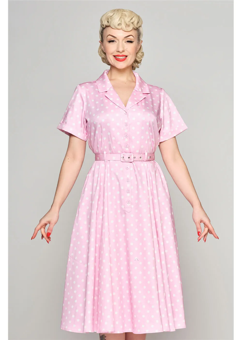 Collectif Caterina Pink Polka 50's Swing Skirt Pink