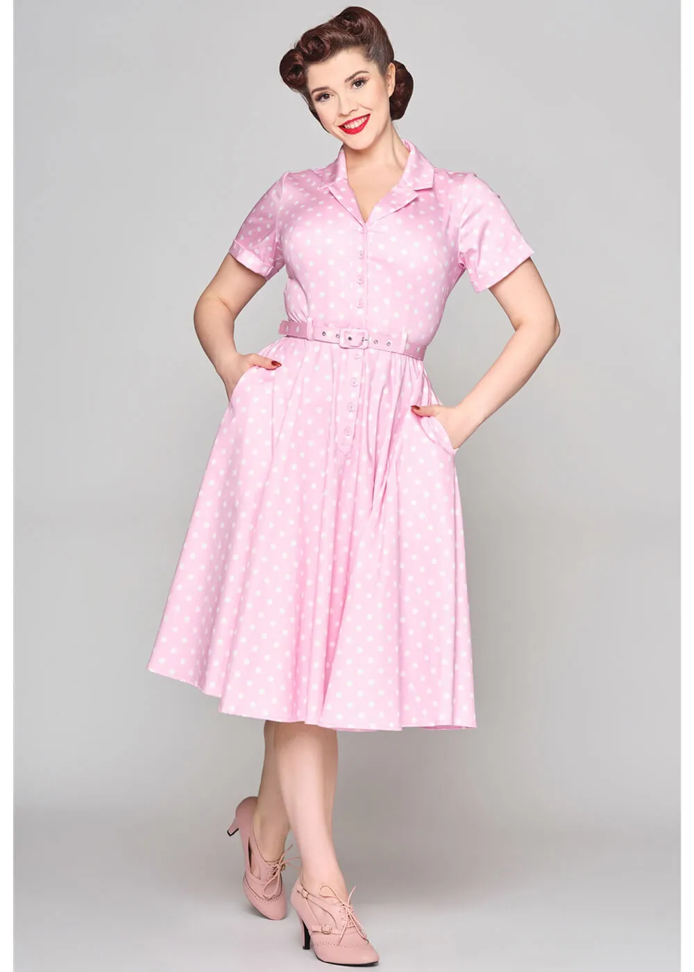 Collectif Caterina Pink Polka 50's Swing Skirt Pink