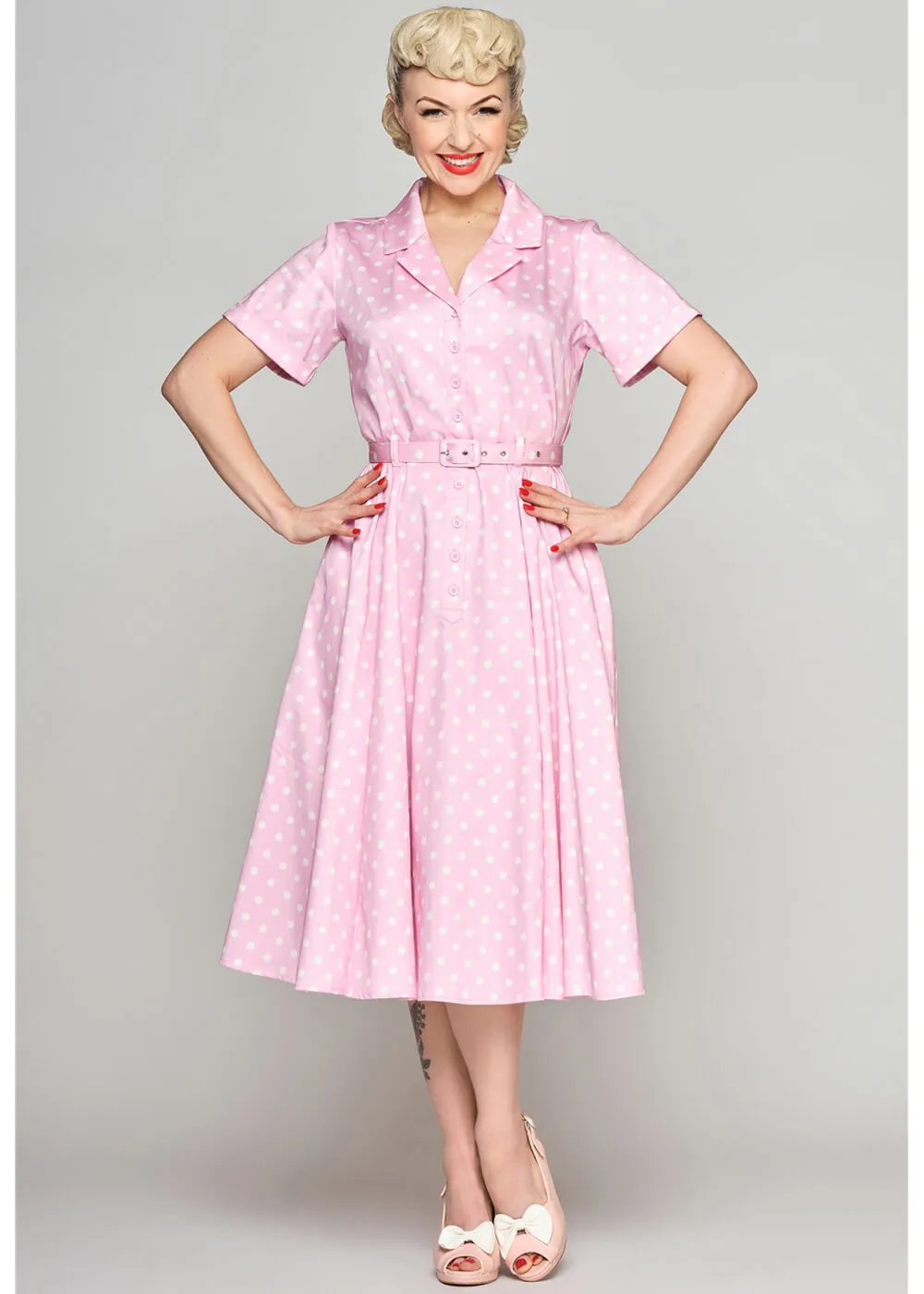 Collectif Caterina Pink Polka 50's Swing Skirt Pink